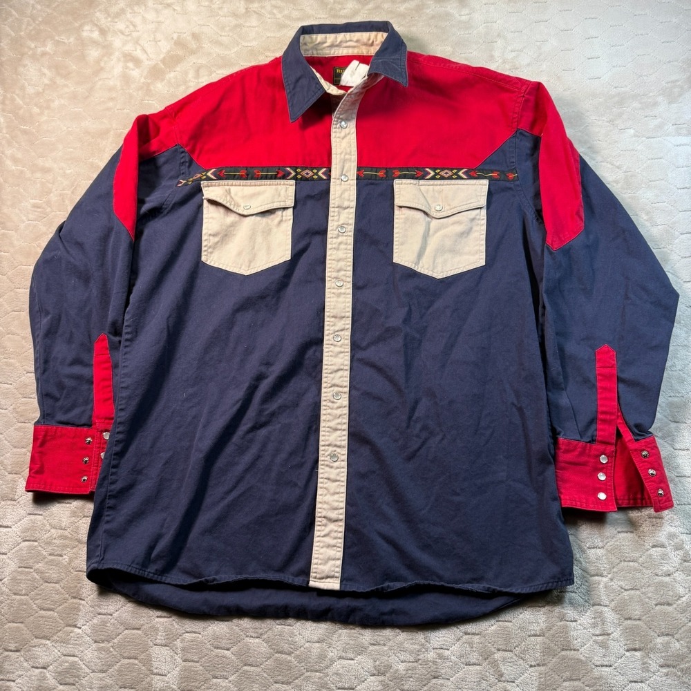 VTG Wrangler Rustler XLT Shirt Mens Southwestern Aztec Pearl Snap Western Cowboy